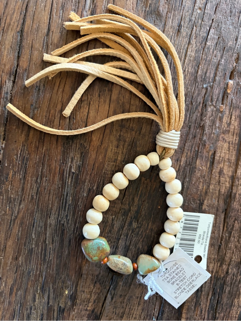 Neutral Beaded Tassel Bracelet - Cream and Turquoise Accent